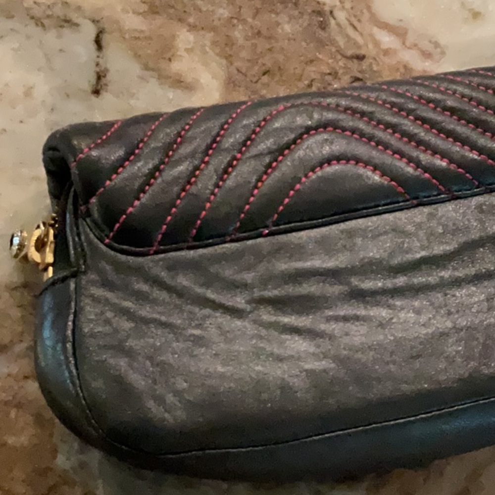 Henri Bendel black with pink stitching wristlet, gold hardware - Picture 6 of 8